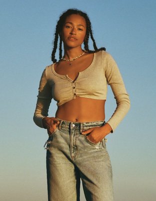 AE Long-Sleeve Button-Up Cinch Tee