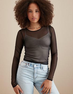 Sheer Black Mesh Top Long Sleeve Shirt See Through Sexy Mock Neck Soft  Stretchy