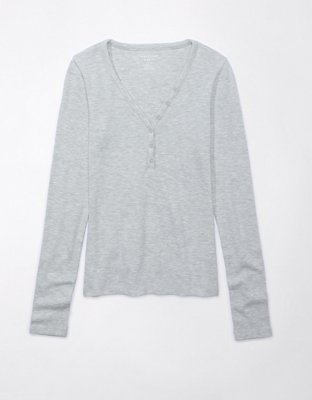 Entyinea Womens Tops Fall Winter 2025 Long Sleeve Casual Solid Printed  Henley Shirts Grey L 