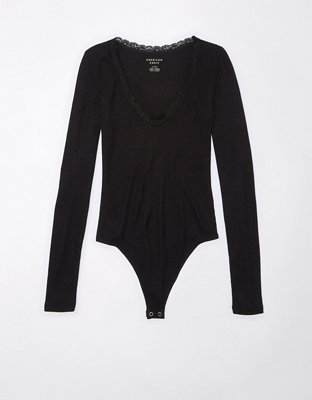 American Eagle Women's Black Ribbed Short Sleeve Deep-V-Neck Bodysuit Size  XL