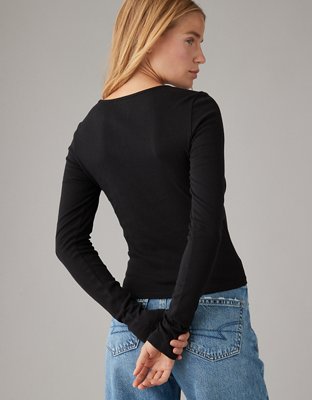 Женские футболки American Eagle AE Hey Baby Long-Sleeve Pointelle-Knit Tee — фото 2