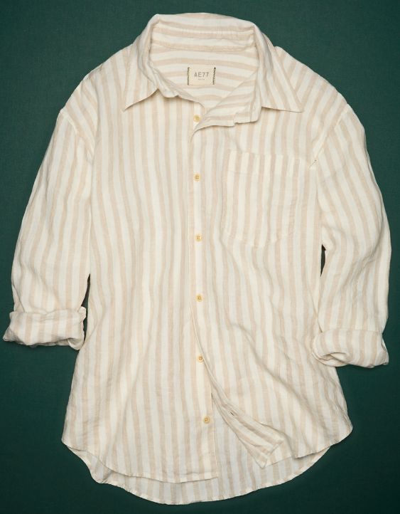 AE77 Premium Linen Long-Sleeve Boyfriend Button-Up Shirt