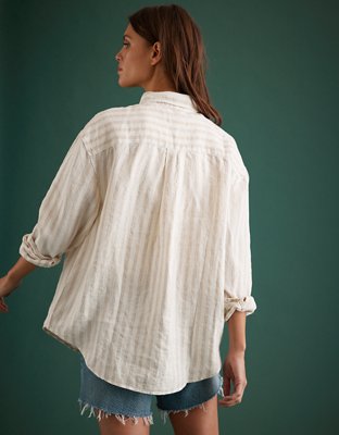 AE77 Premium Linen Long-Sleeve Boyfriend Button-Up Shirt