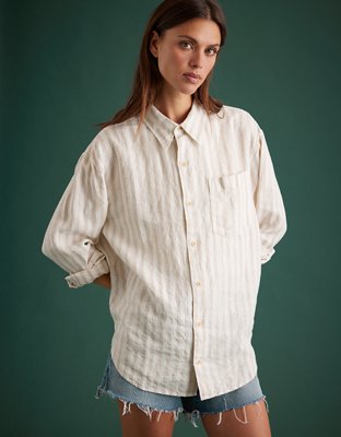 AE77 Premium Linen Long-Sleeve Boyfriend Button-Up Shirt