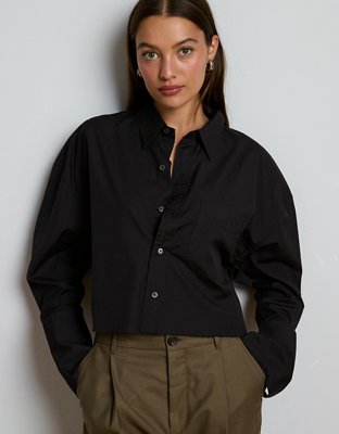 AE77 Premium Long-Sleeve Boxy Crop Tuxedo Shirt