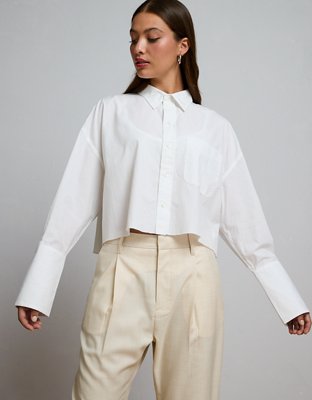 AE77 Premium Long-Sleeve Boxy Crop Tuxedo Shirt