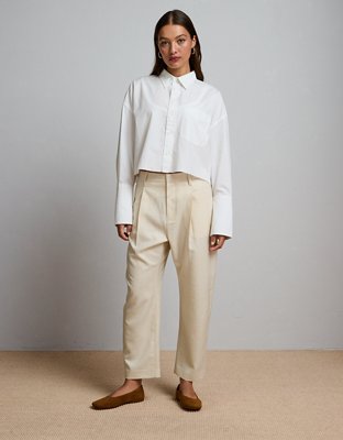 AE77 Premium Long-Sleeve Boxy Crop Tuxedo Shirt