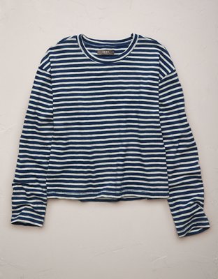 Женская футболка American Eagle AE77 Premium Long-Sleeve Boxy Striped, цвет: Индиго полосатый — фото 3