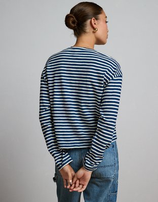 Женская футболка American Eagle AE77 Premium Long-Sleeve Boxy Striped, цвет: Индиго полосатый — фото 2