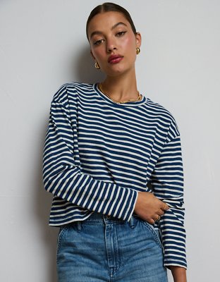 Женская футболка American Eagle AE77 Premium Long-Sleeve Boxy Striped, цвет: Индиго полосатый — фото 5