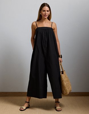 AE77 Premium Wide-Leg Cropped Poplin Jumpsuit