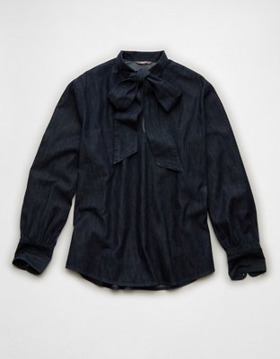 AE77 Premium Denim Bow Blouse