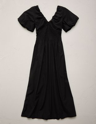 AE77 Premium Puff Sleeve Midi Poplin Dress