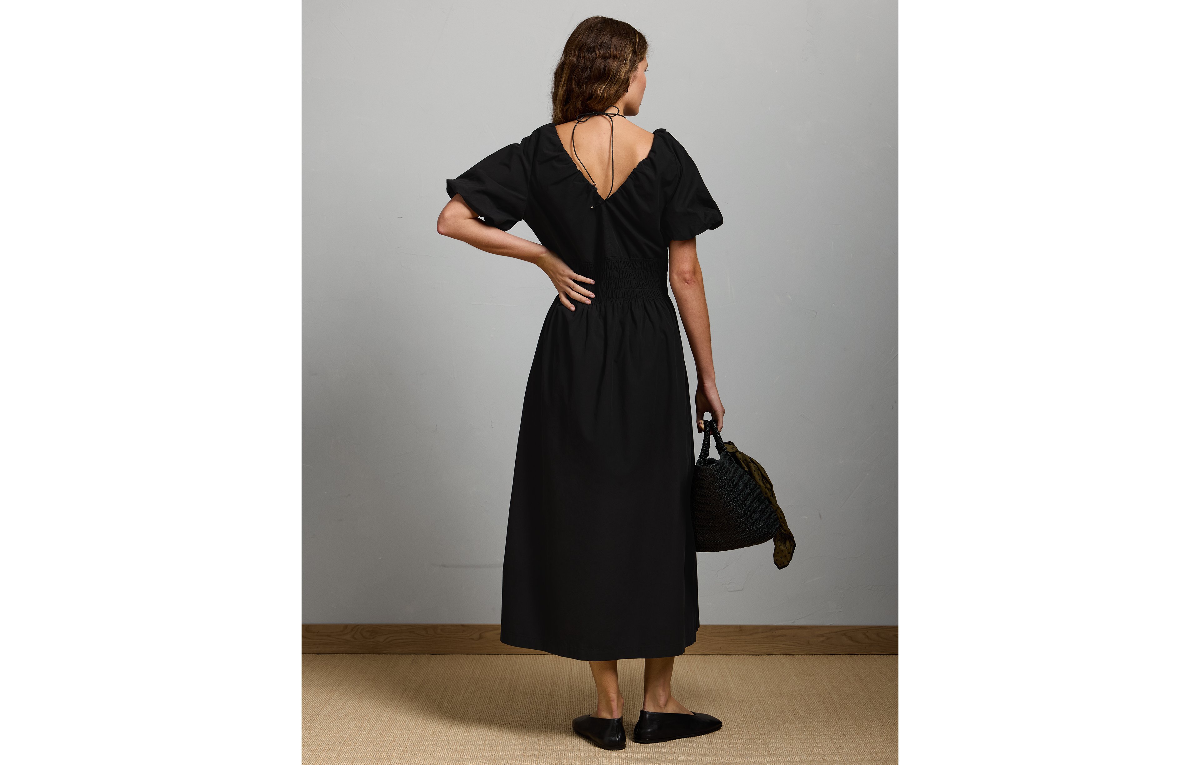 AE77 Premium Puff Sleeve Midi Poplin Dress