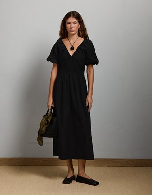 AE77 Premium Puff Sleeve Midi Poplin Dress