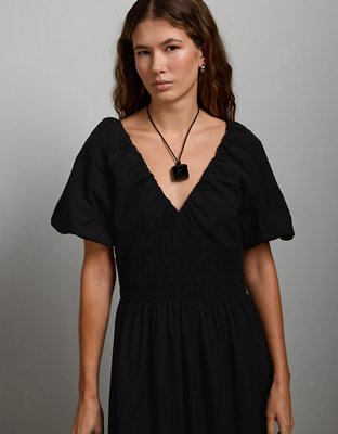 AE77 Premium Puff Sleeve Midi Poplin Dress