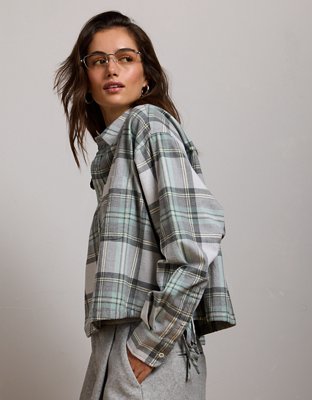 Женская рубашка American Eagle AE77 Cropped Flannel, цвет: Серый — фото 7