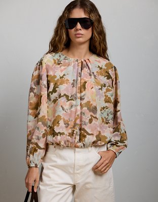 AE77 Premium Bubble-Hem Chiffon Blouse