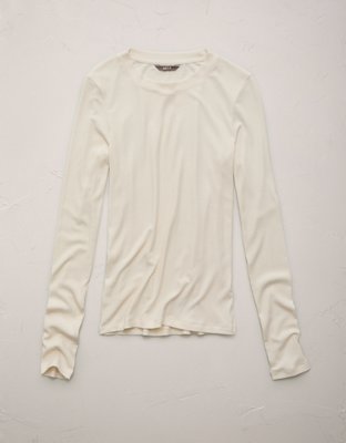 Женская футболка American Eagle AE77 Long Sleeve Rib, цвет: Кремовый — фото 3