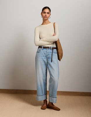 Женская футболка American Eagle AE77 Long Sleeve Rib, цвет: Кремовый — фото 5