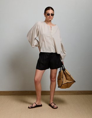 AE77 Balloon-Sleeve Button-Up Shirt