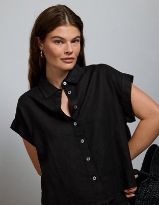 AE77 Boxy Cropped Linen-Blend Button-Up Shirt from American Eagle - $88