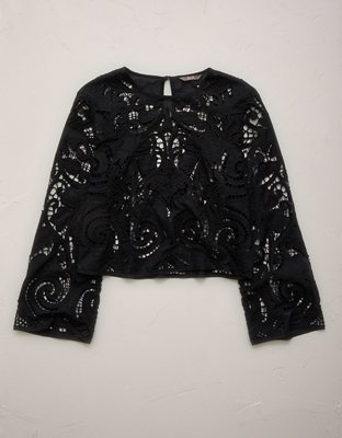 AE77 Cropped Long Sleeve Lace Top