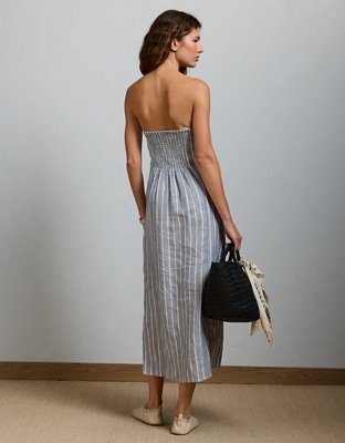 knee length dresses for ladies Brown Printed Linen-Blend Bandeau Evie Midi Dress