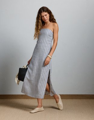 American Eagle AE77 Strapless Linen Midi Dress in Blue  Smocked Back, Side Slits, No-Slip Bust, Unisex Size XL
