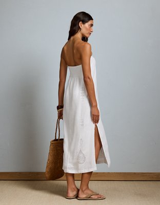 AE77 Embroidered Strapless Linen Tube Dress