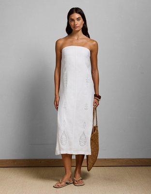AE77 Embroidered Strapless Linen Tube Dress