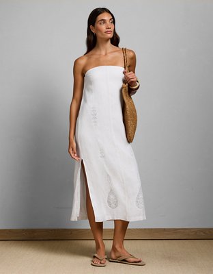 AE77 Embroidered Strapless Linen Tube Dress