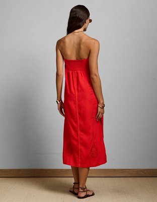 AE77 Embroidered Strapless Linen Tube Dress