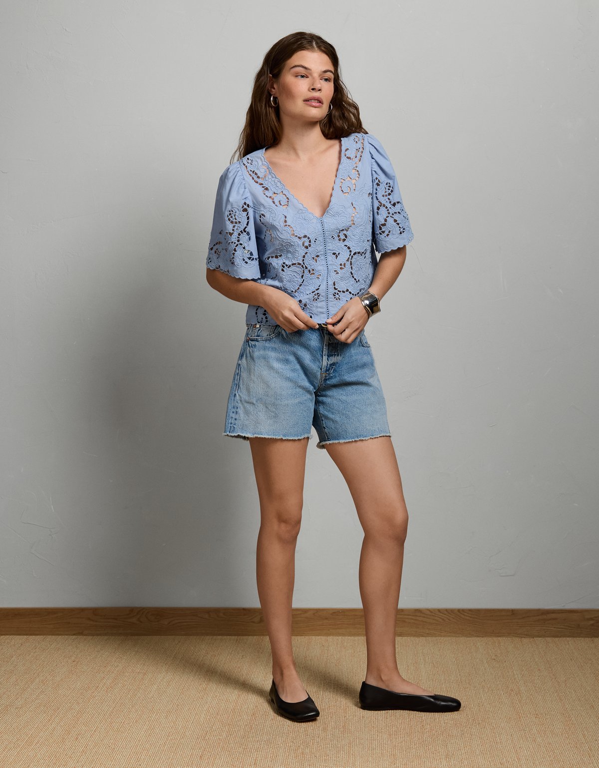 AE77 Eyelet Lace Short-Sleeve Blouse - image 5