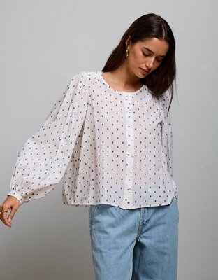 AE Embroidered Balloon-Sleeve Button-Up Shirt