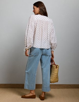 AE77 Embroidered Balloon-Sleeve Button-Up Shirt