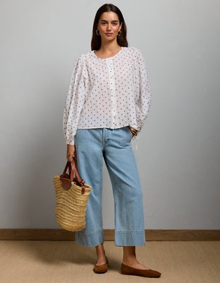 AE Embroidered Balloon-Sleeve Button-Up Shirt