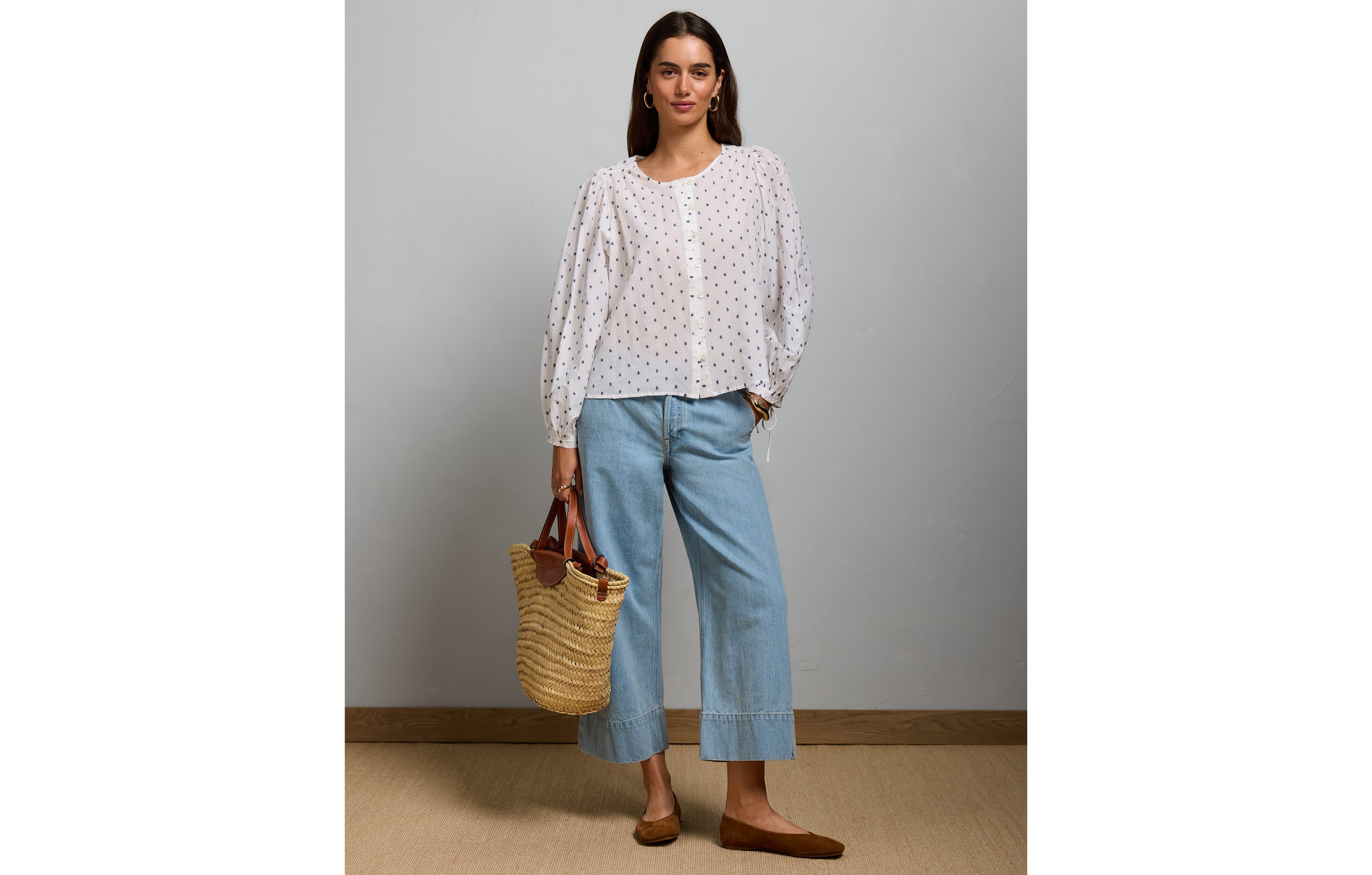 AE77 Embroidered Balloon-Sleeve Button-Up Shirt