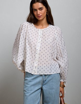 AE77 Embroidered Balloon-Sleeve Button-Up Shirt