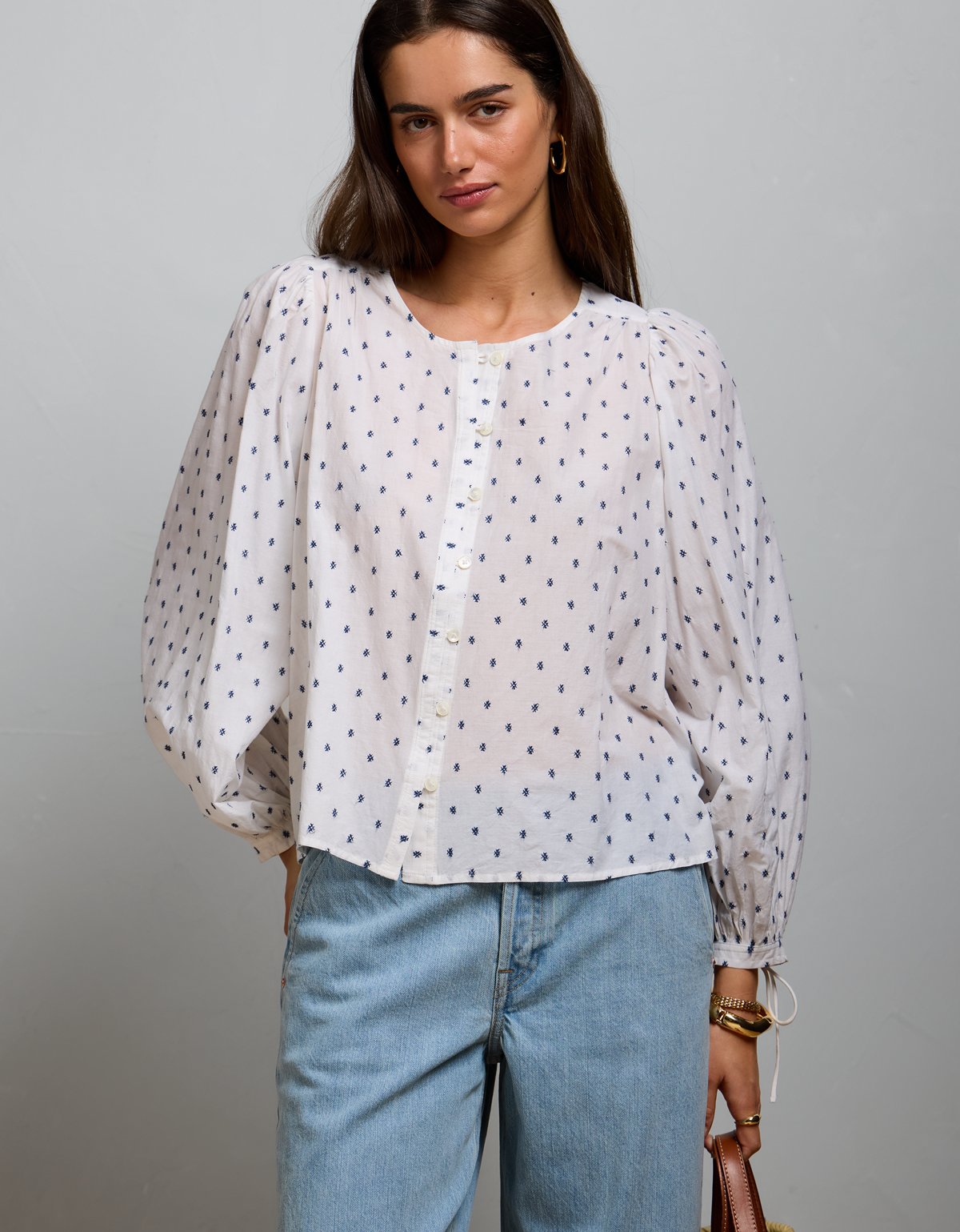 AE77 Embroidered Balloon-Sleeve Button-Up Shirt - image 5