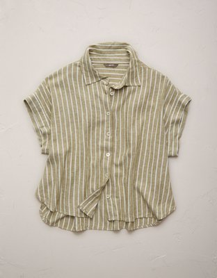 AE77 Boxy Cropped Linen-Blend Button-Up Shirt
