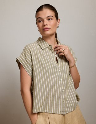 AE77 Boxy Cropped Linen-Blend Button-Up Shirt