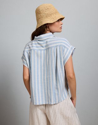 AE77 Boxy Cropped Linen-Blend Button-Up Shirt