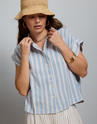 AE77 Boxy Cropped Linen-Blend Button-Up Shirt
