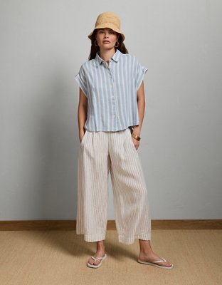 AE77 Boxy Cropped Linen-Blend Button-Up Shirt