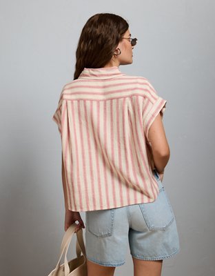 AE77 Boxy Cropped Linen-Blend Button-Up Shirt