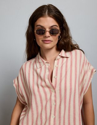AE77 Boxy Cropped Linen-Blend Button-Up Shirt