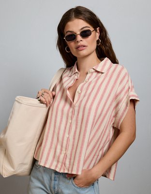 AE77 Boxy Cropped Linen-Blend Button-Up Shirt