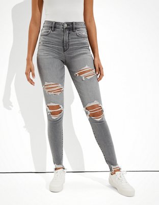 American Eagle Women Grey Next Level Ripped Super High-waisted Jeans