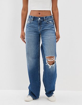 Blue mid rise baggy wide leg jeans